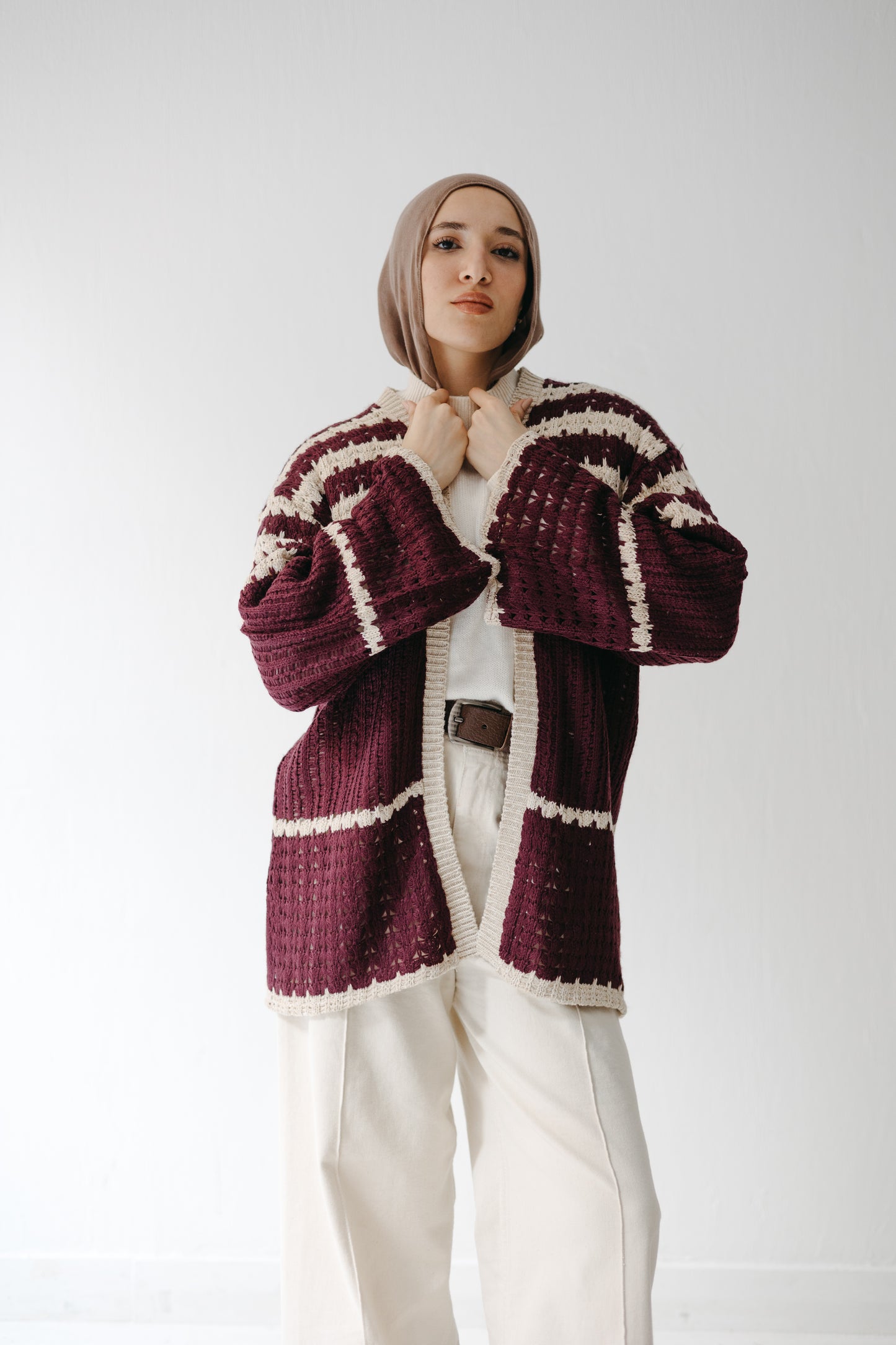 The Striped Knit Cardigan in Burgundy