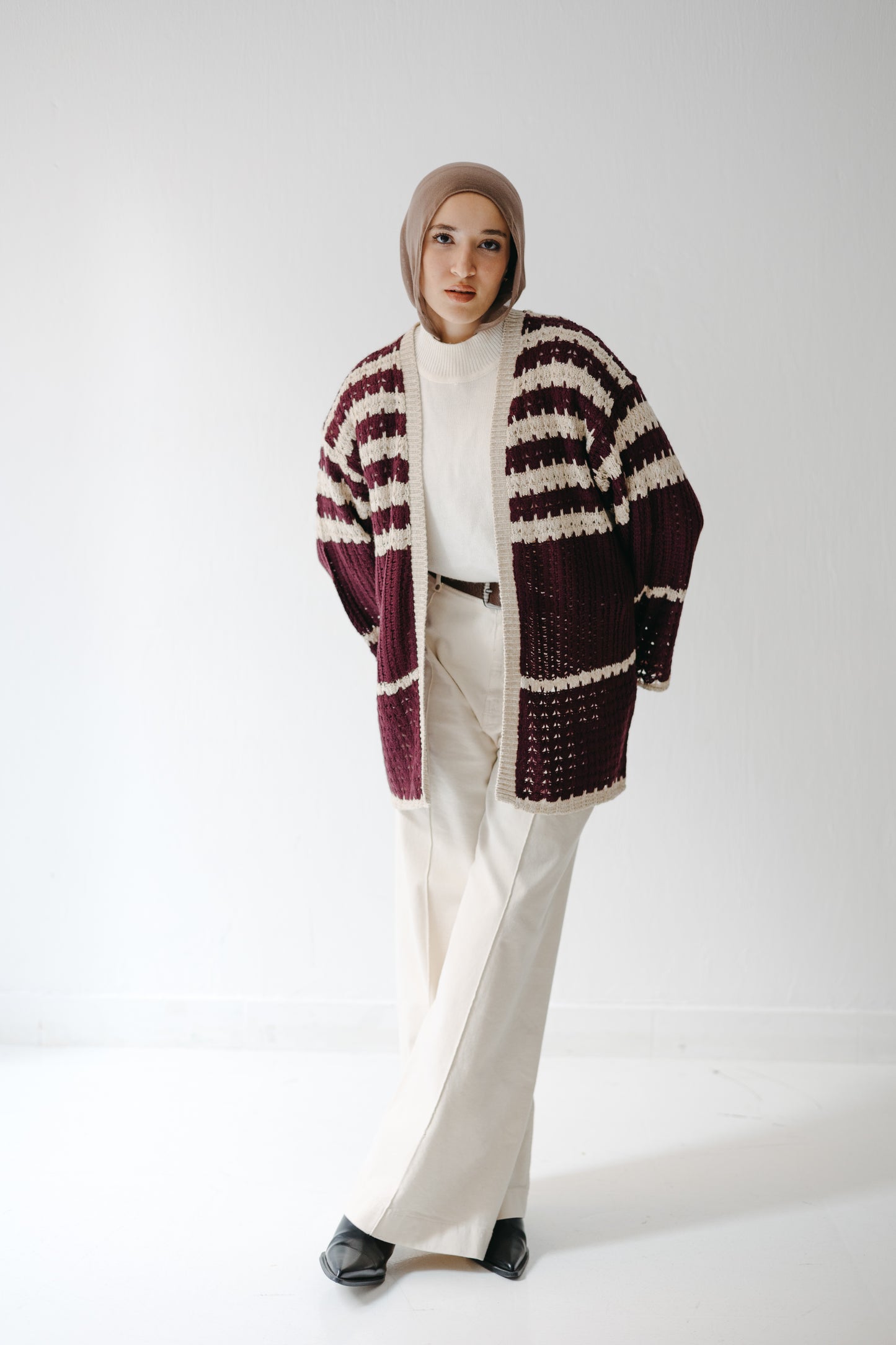 The Striped Knit Cardigan in Burgundy