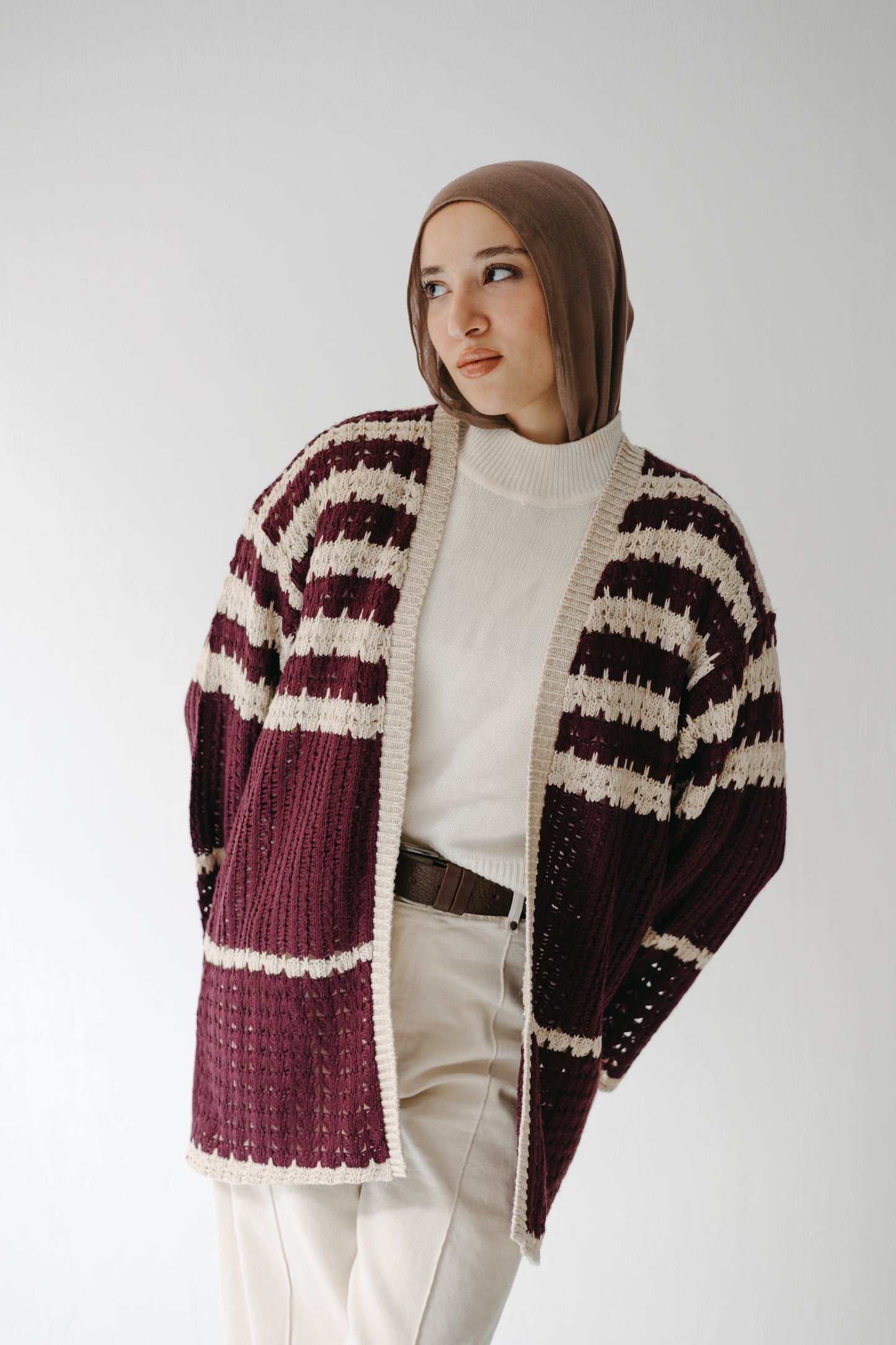 The Striped Knit Cardigan in Burgundy