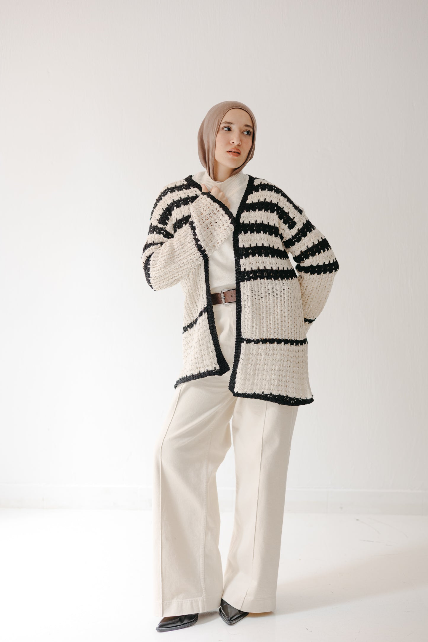 The Striped Knit Cardigan in Cream