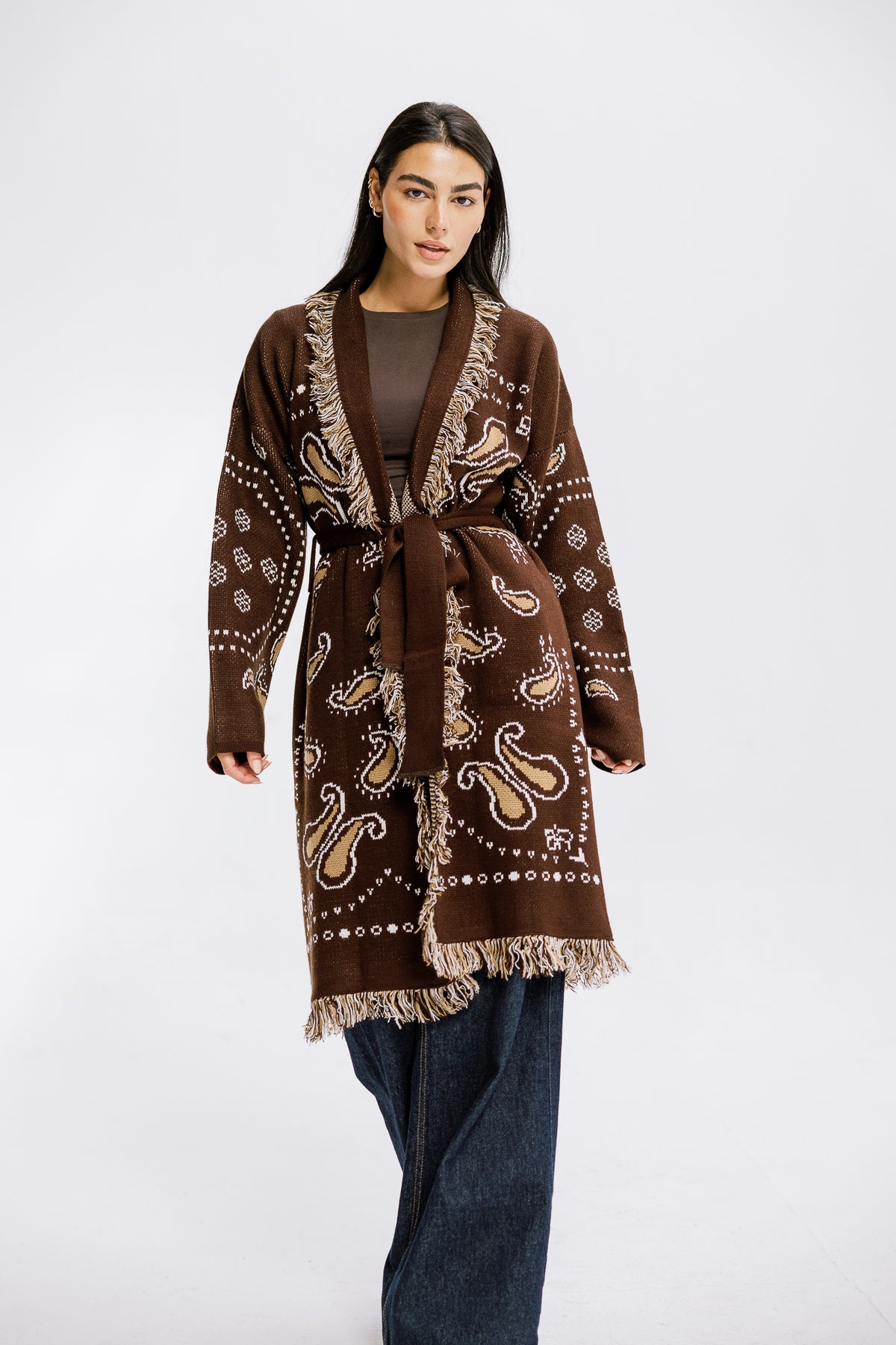 The Nordic Fringe Knit in Brown