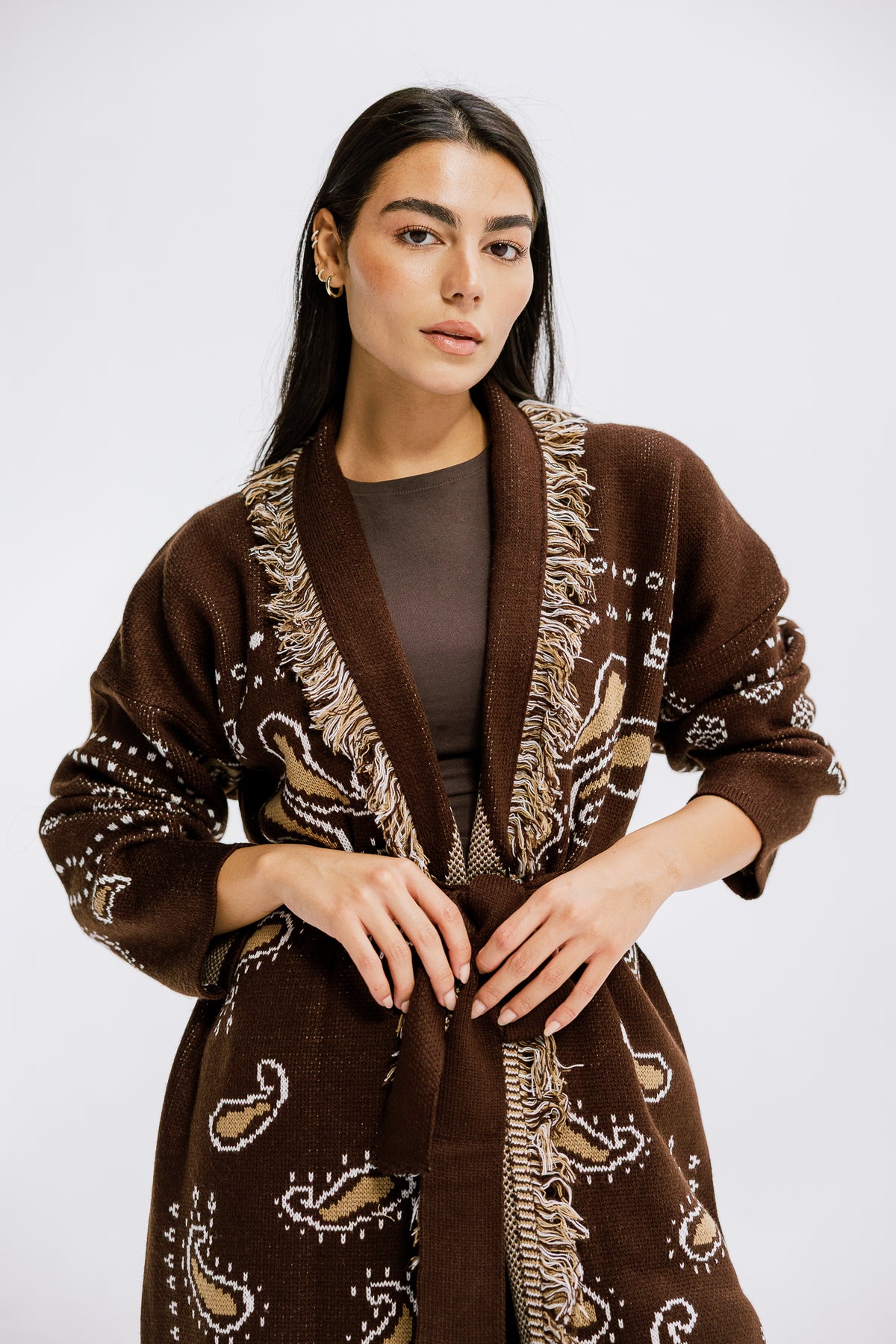 The Nordic Fringe Knit in Brown