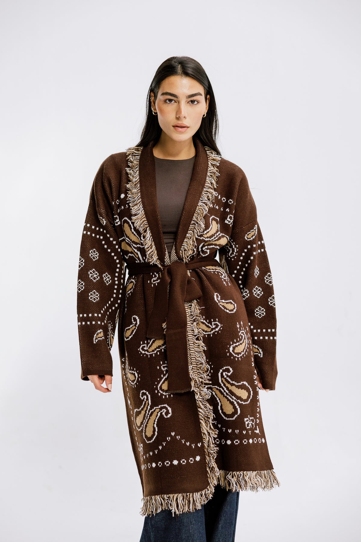 The Nordic Fringe Knit in Brown