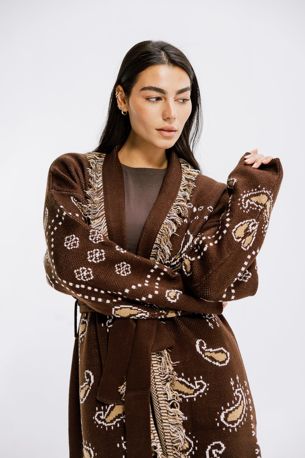 The Nordic Fringe Knit in Brown