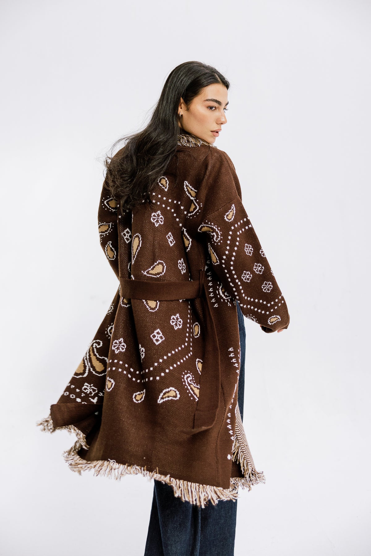 The Nordic Fringe Knit in Brown