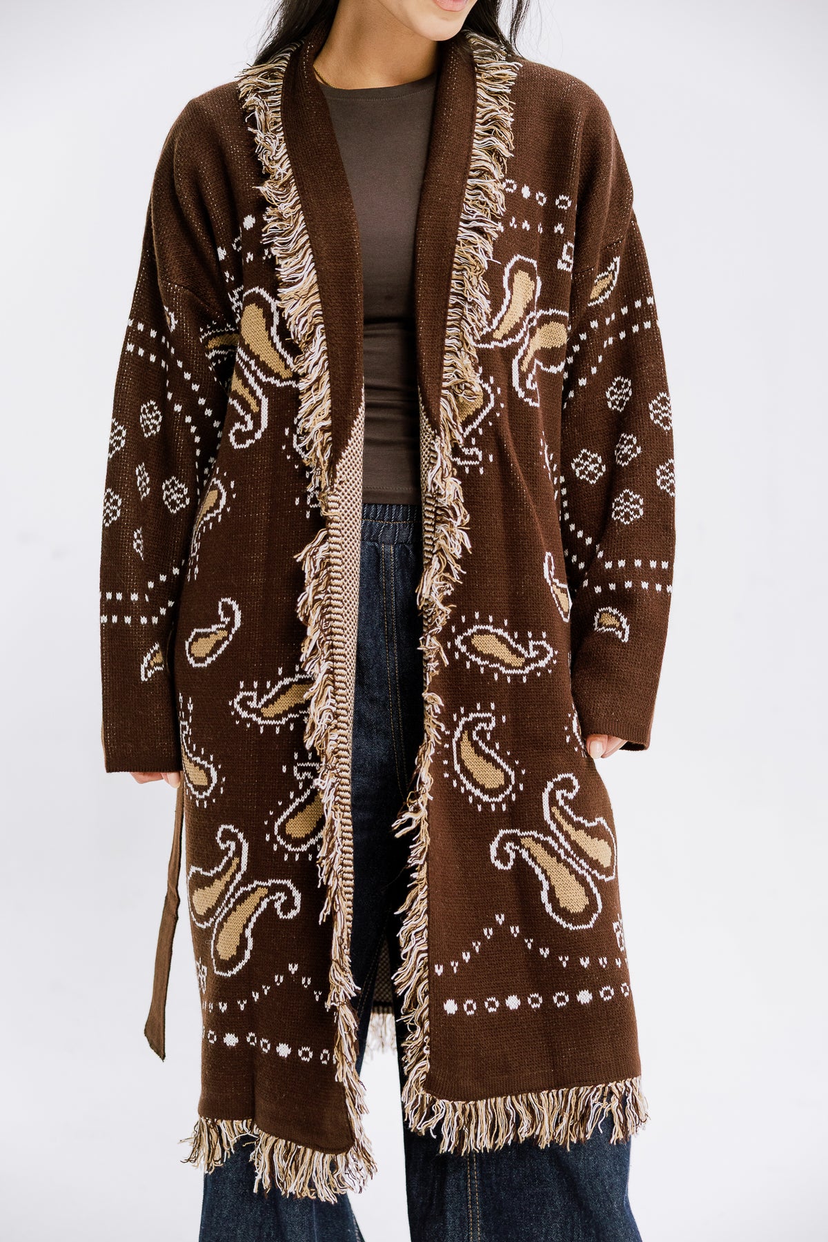 The Nordic Fringe Knit in Brown
