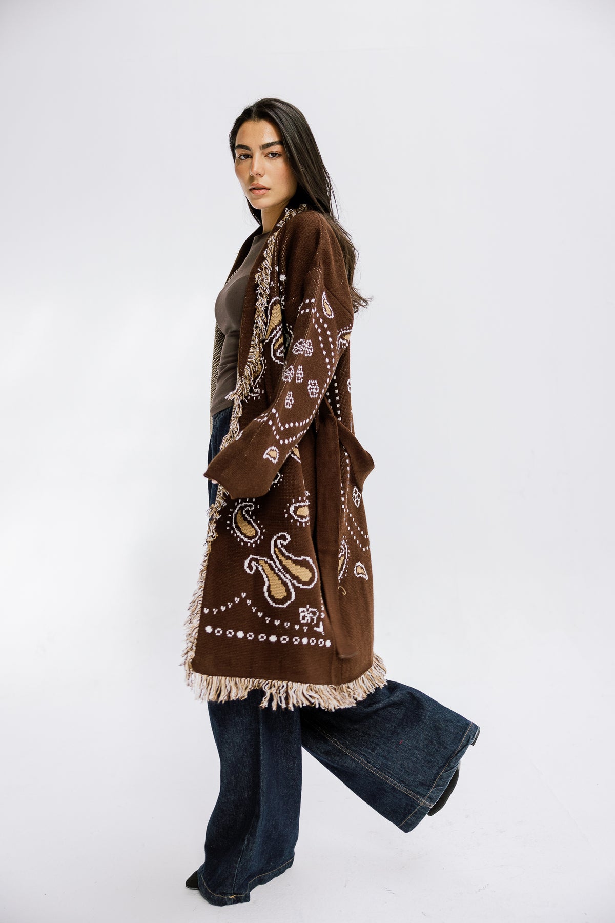 The Nordic Fringe Knit in Brown