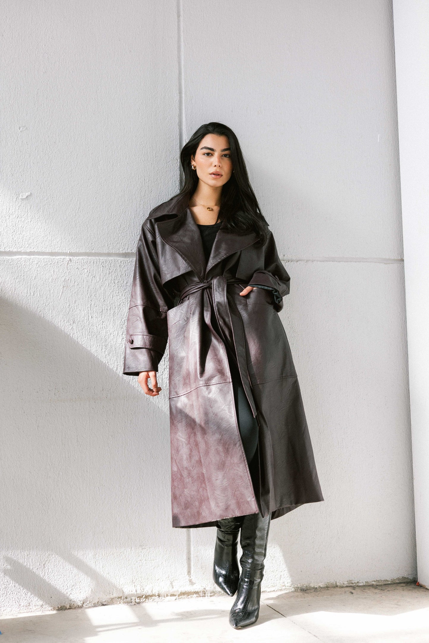 Eclipse Leather Trench in Dark Purple