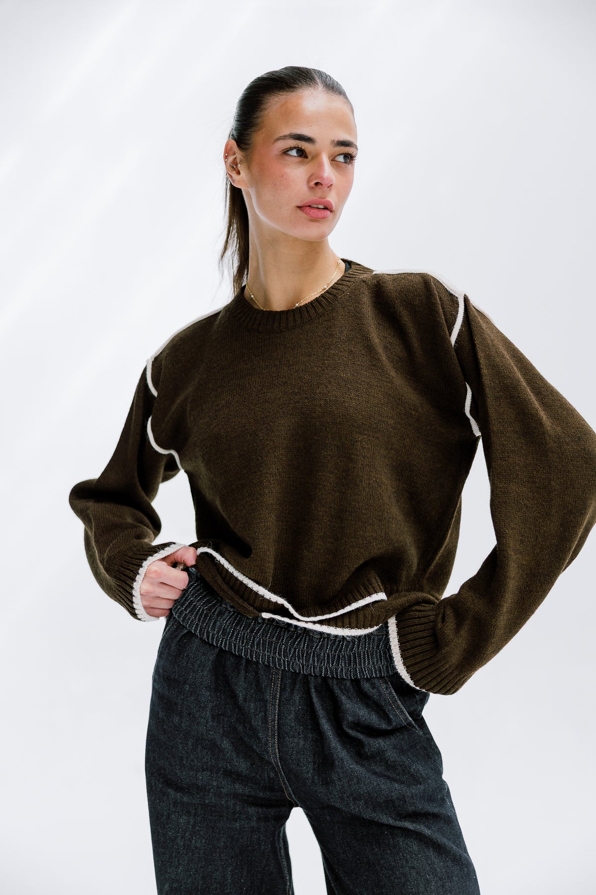 Cozy Contrast Knit in Olive brown