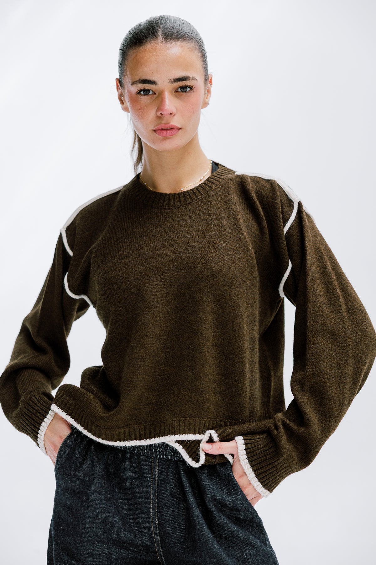 Cozy Contrast Knit in Olive brown