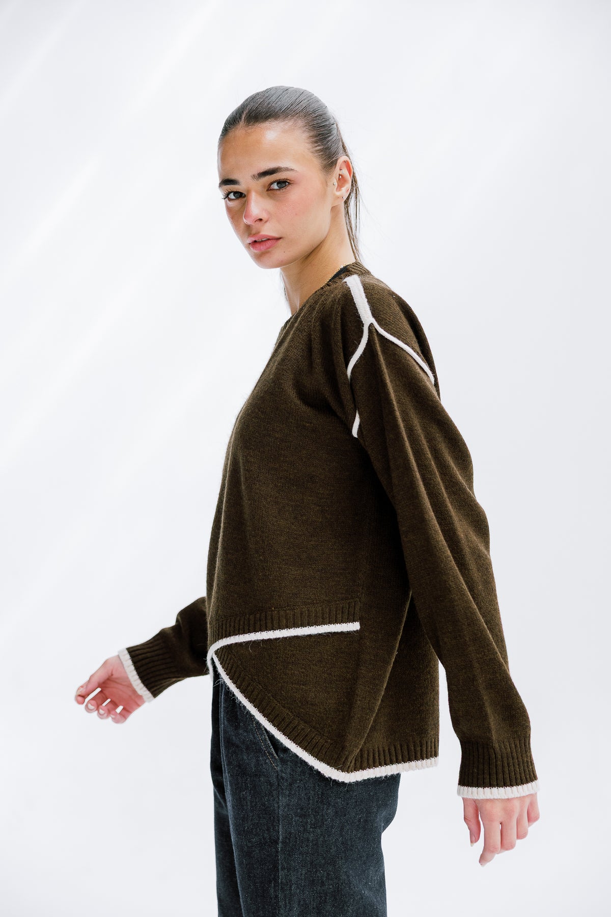 Cozy Contrast Knit in Olive brown