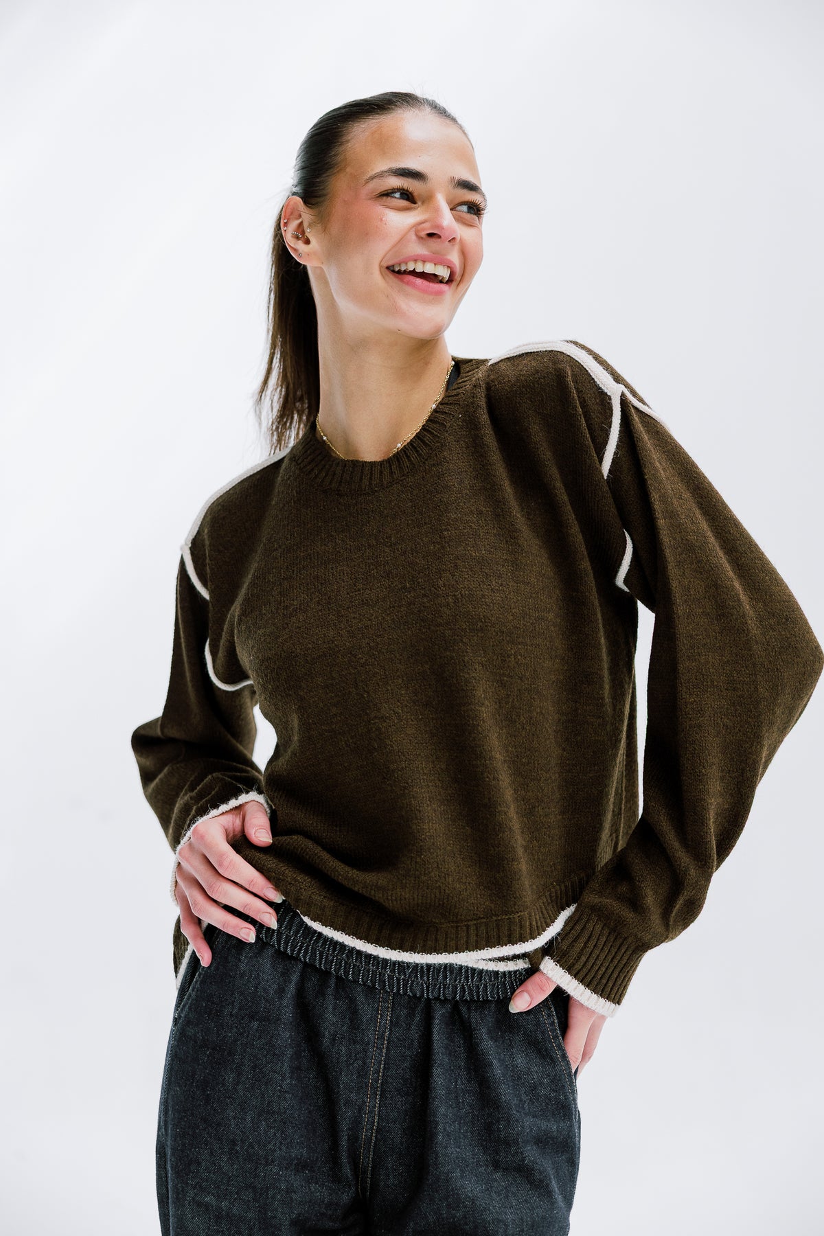 Cozy Contrast Knit in Olive brown