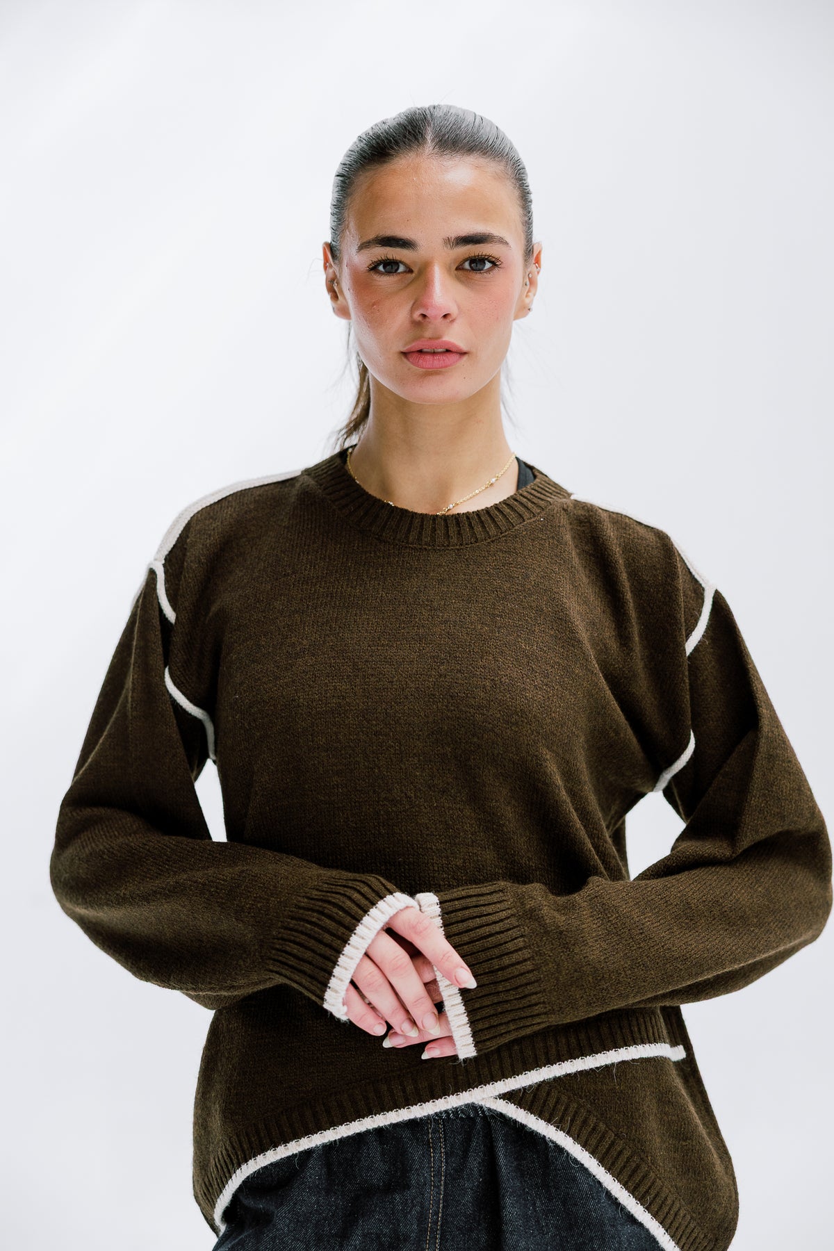 Cozy Contrast Knit in Olive brown