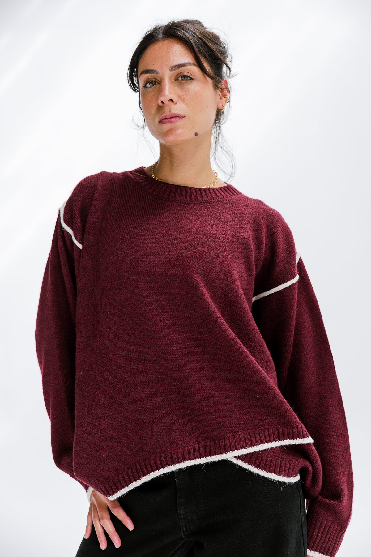 Cozy Contrast Knit in Burgundy