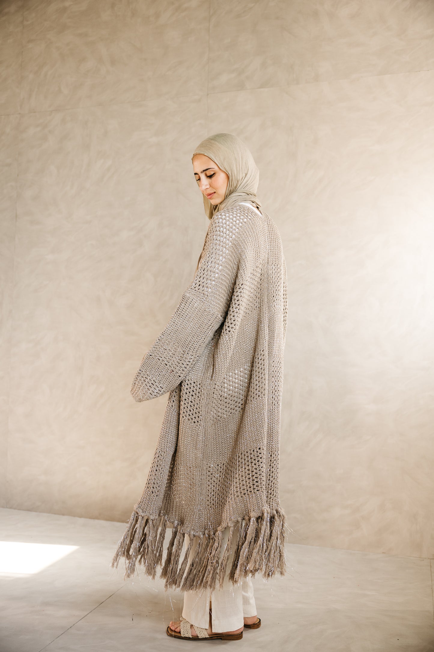 Fringed Breeze Cardigan in Shimmer Beige