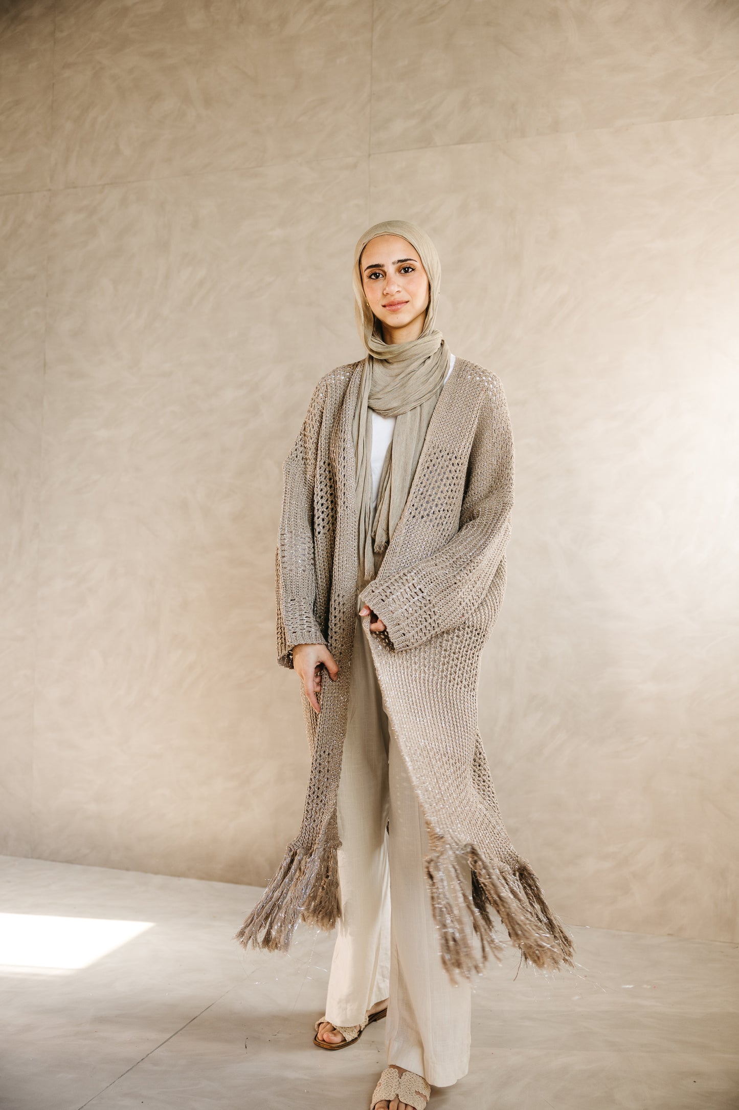 Fringed Breeze Cardigan in Shimmer Beige