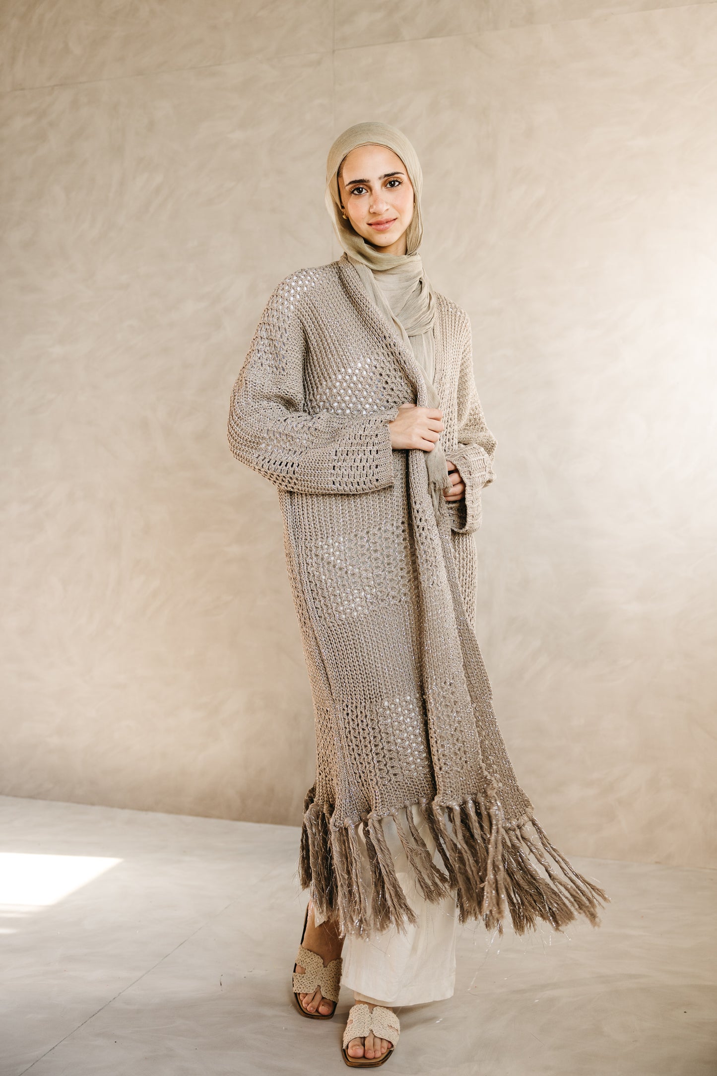 Fringed Breeze Cardigan in Shimmer Beige