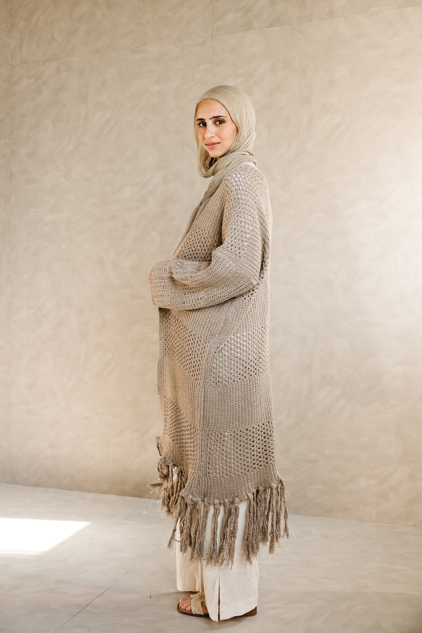 Fringed Breeze Cardigan in Shimmer Beige