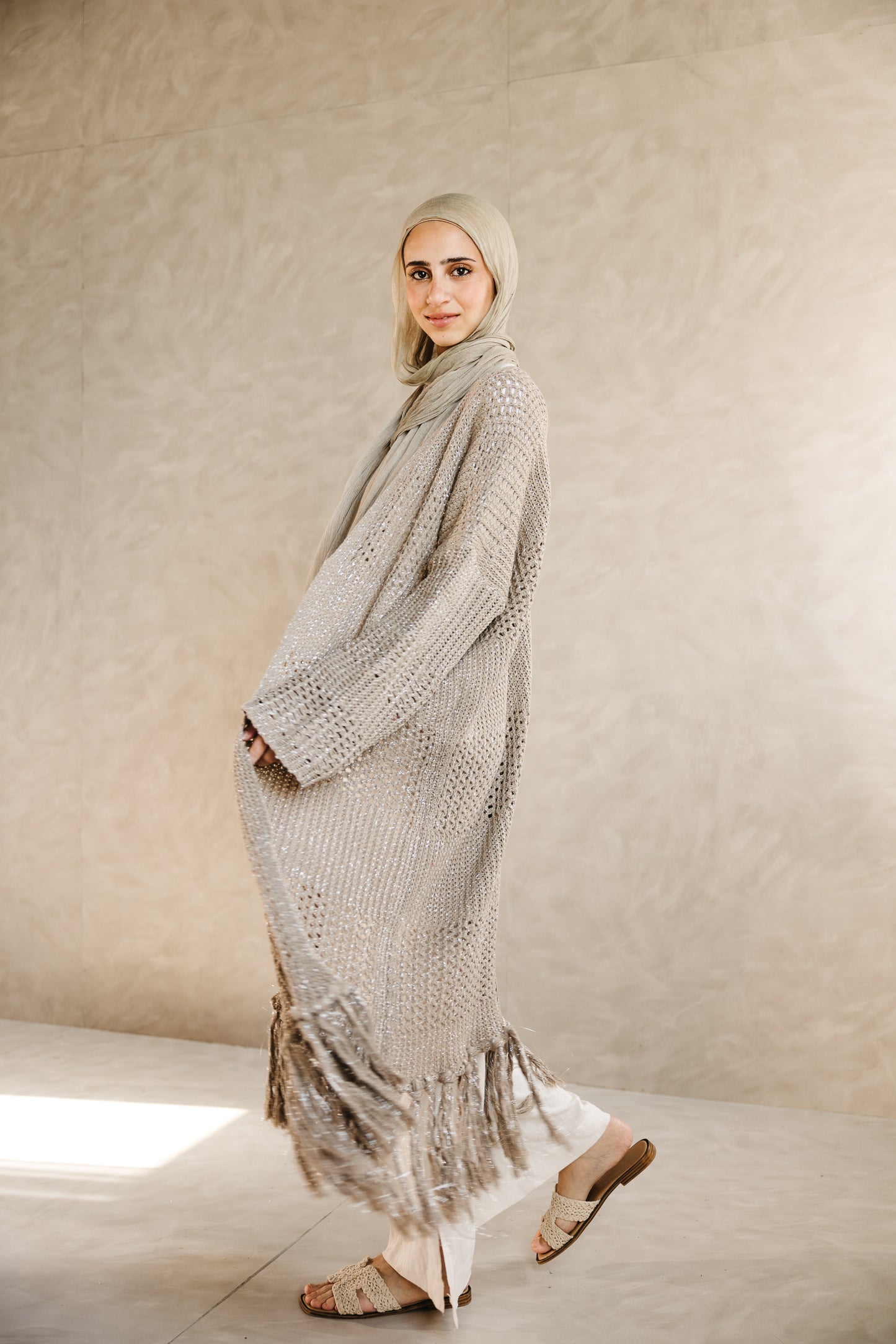 Fringed Breeze Cardigan in Shimmer Beige