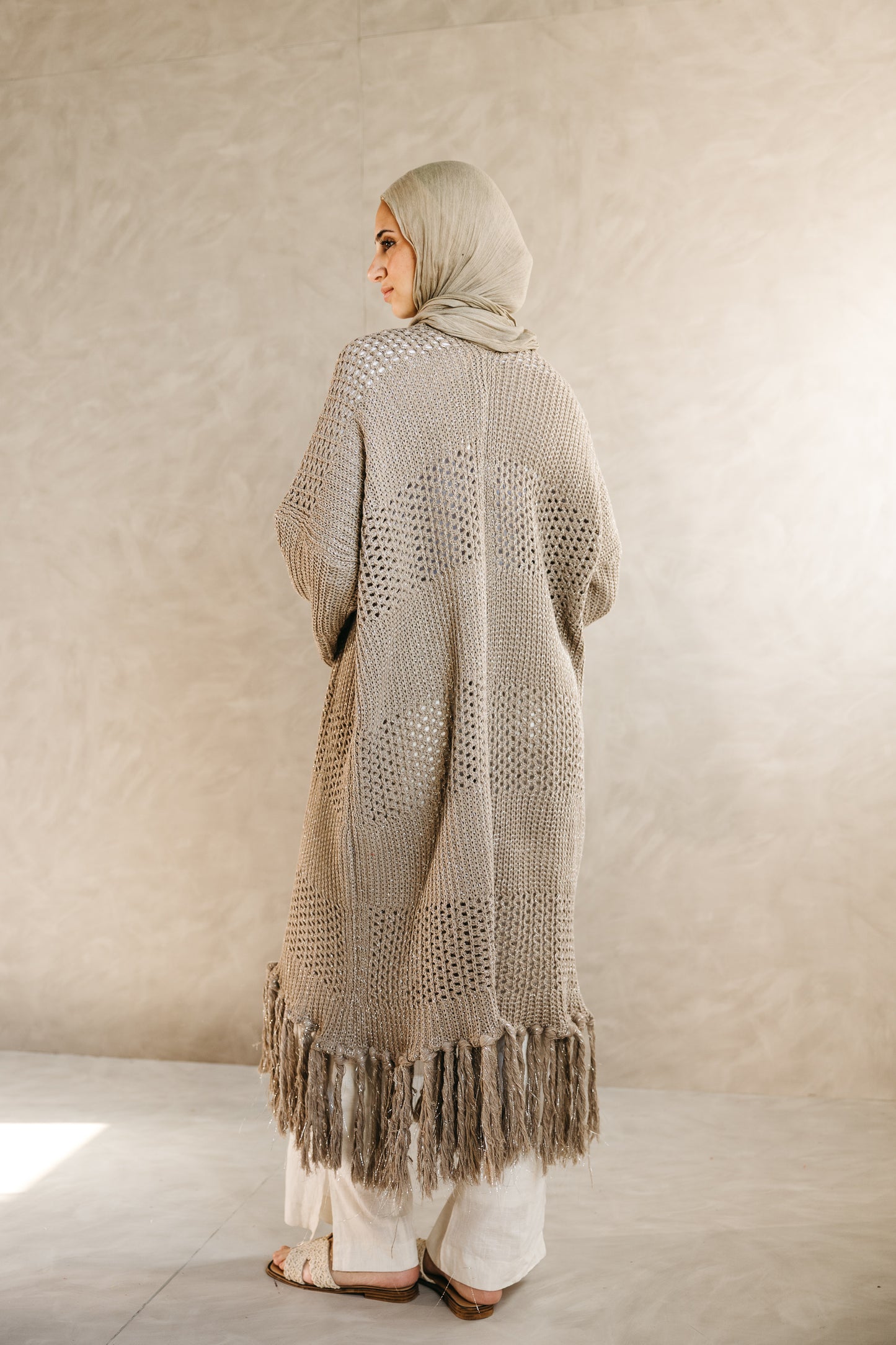 Fringed Breeze Cardigan in Shimmer Beige