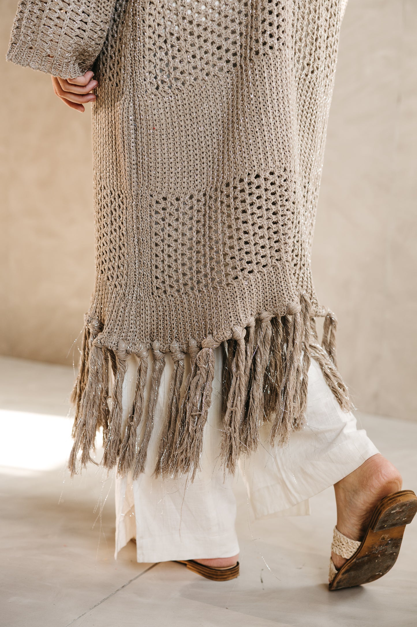 Fringed Breeze Cardigan in Shimmer Beige