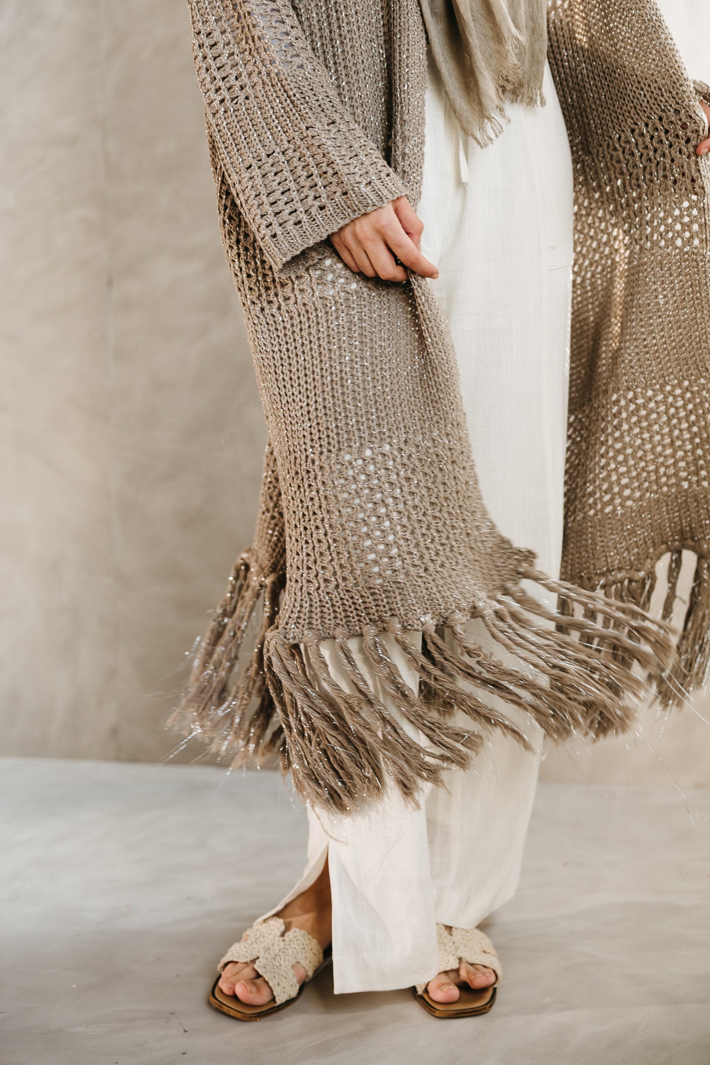 Fringed Breeze Cardigan in Shimmer Beige