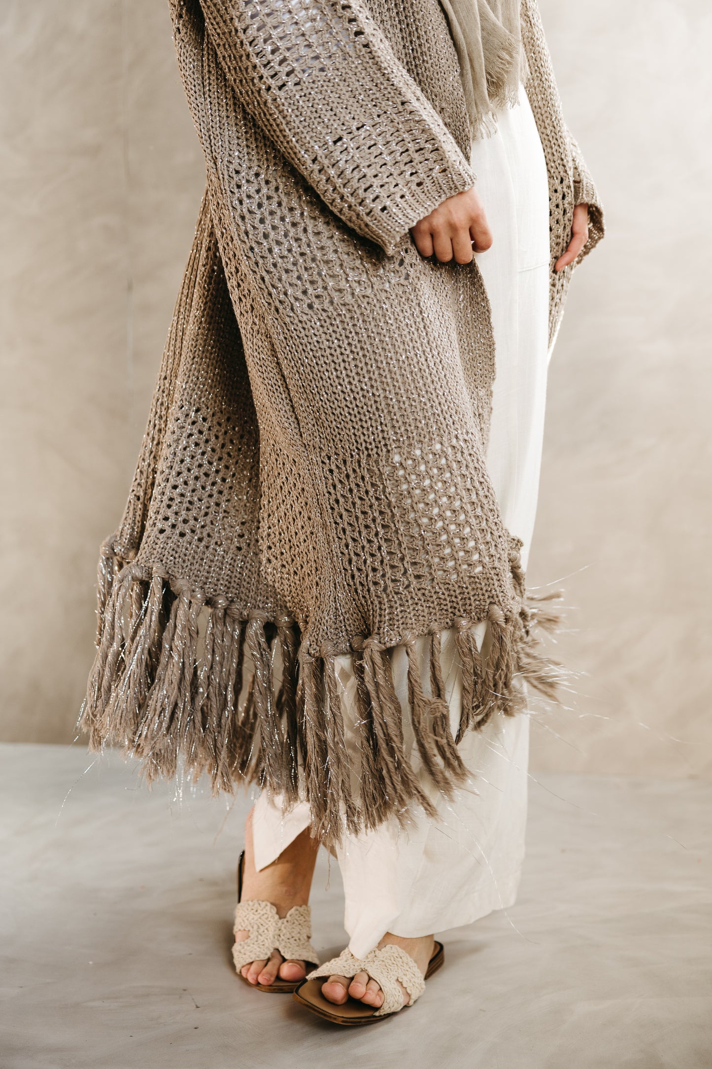 Fringed Breeze Cardigan in Shimmer Beige