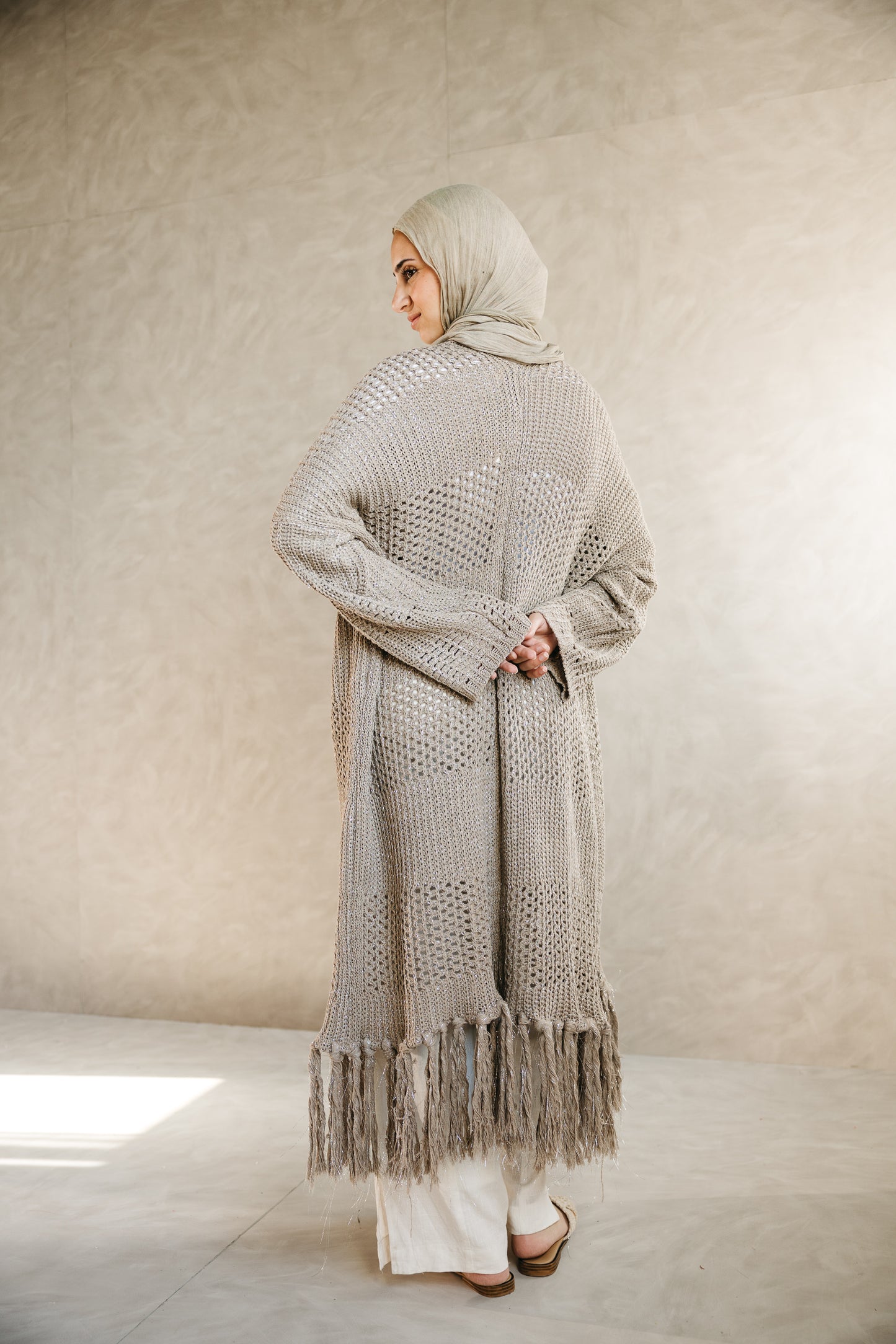 Fringed Breeze Cardigan in Shimmer Beige