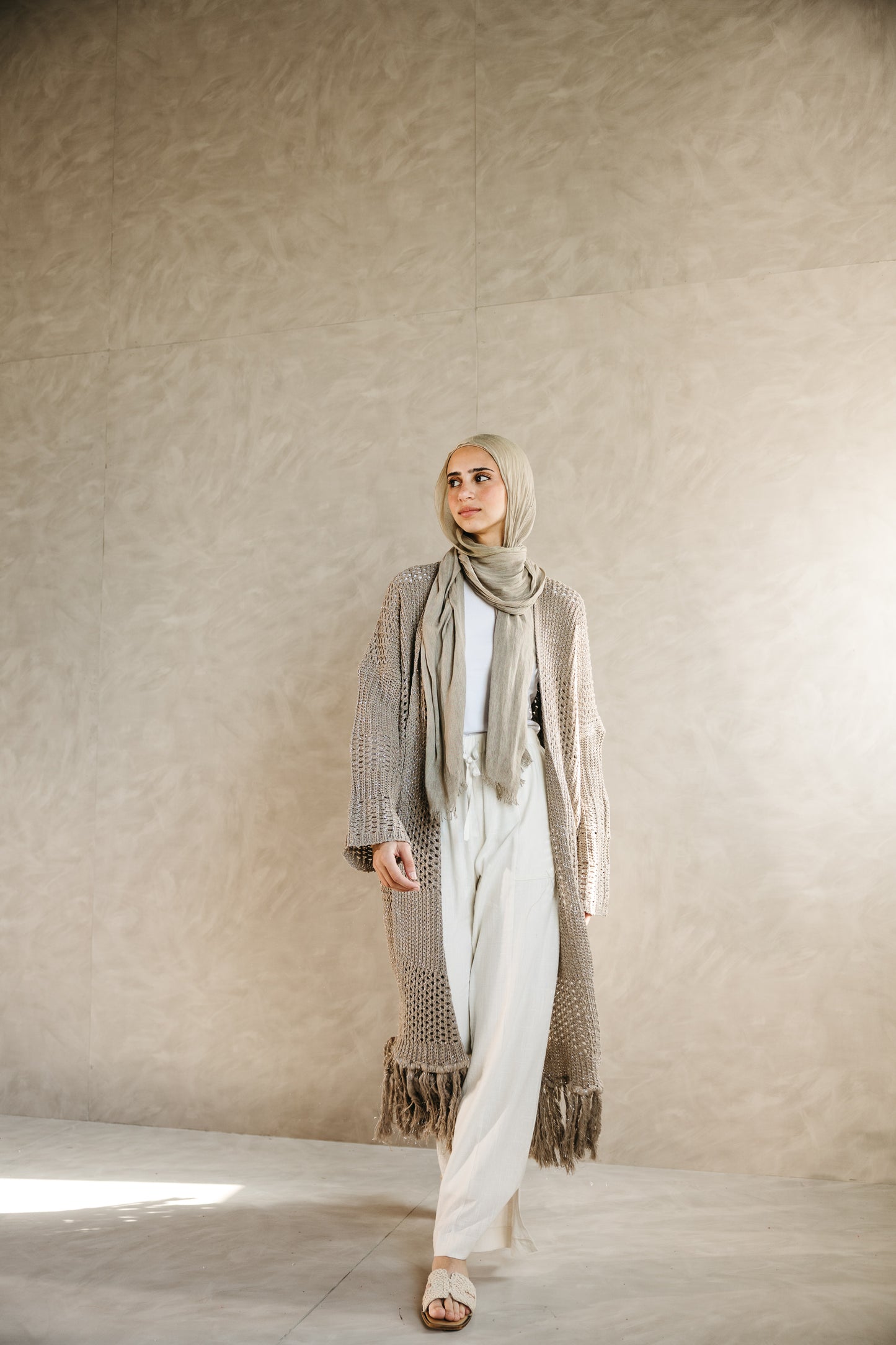 Fringed Breeze Cardigan in Shimmer Beige
