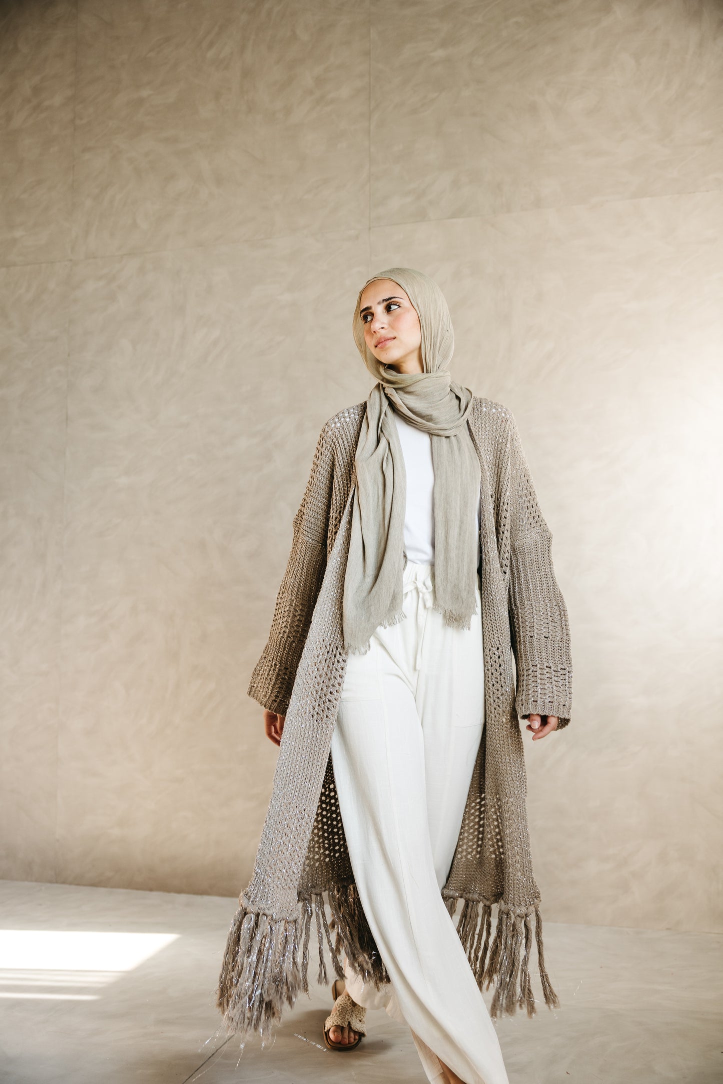 Fringed Breeze Cardigan in Shimmer Beige
