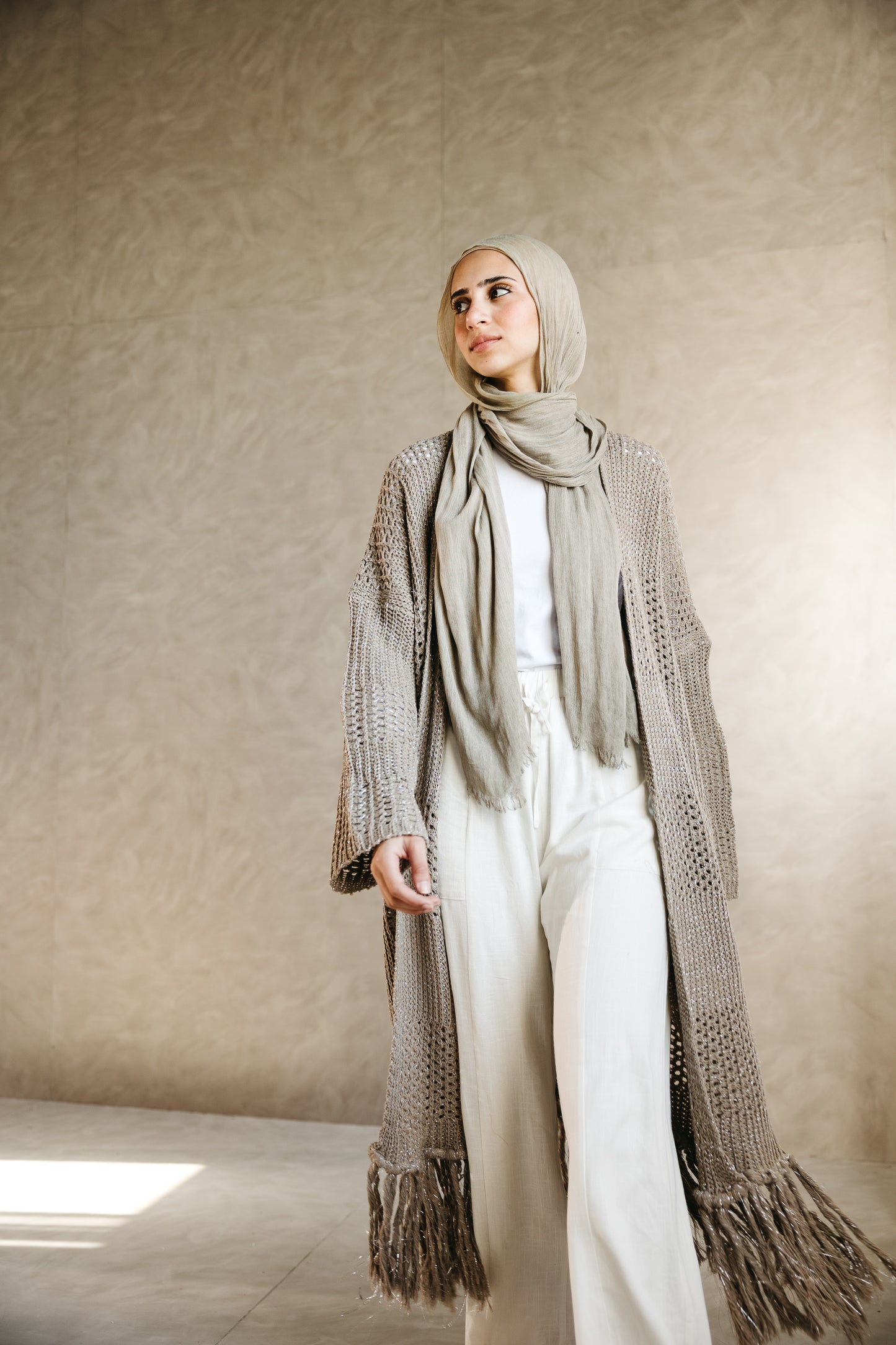 Fringed Breeze Cardigan in Shimmer Beige