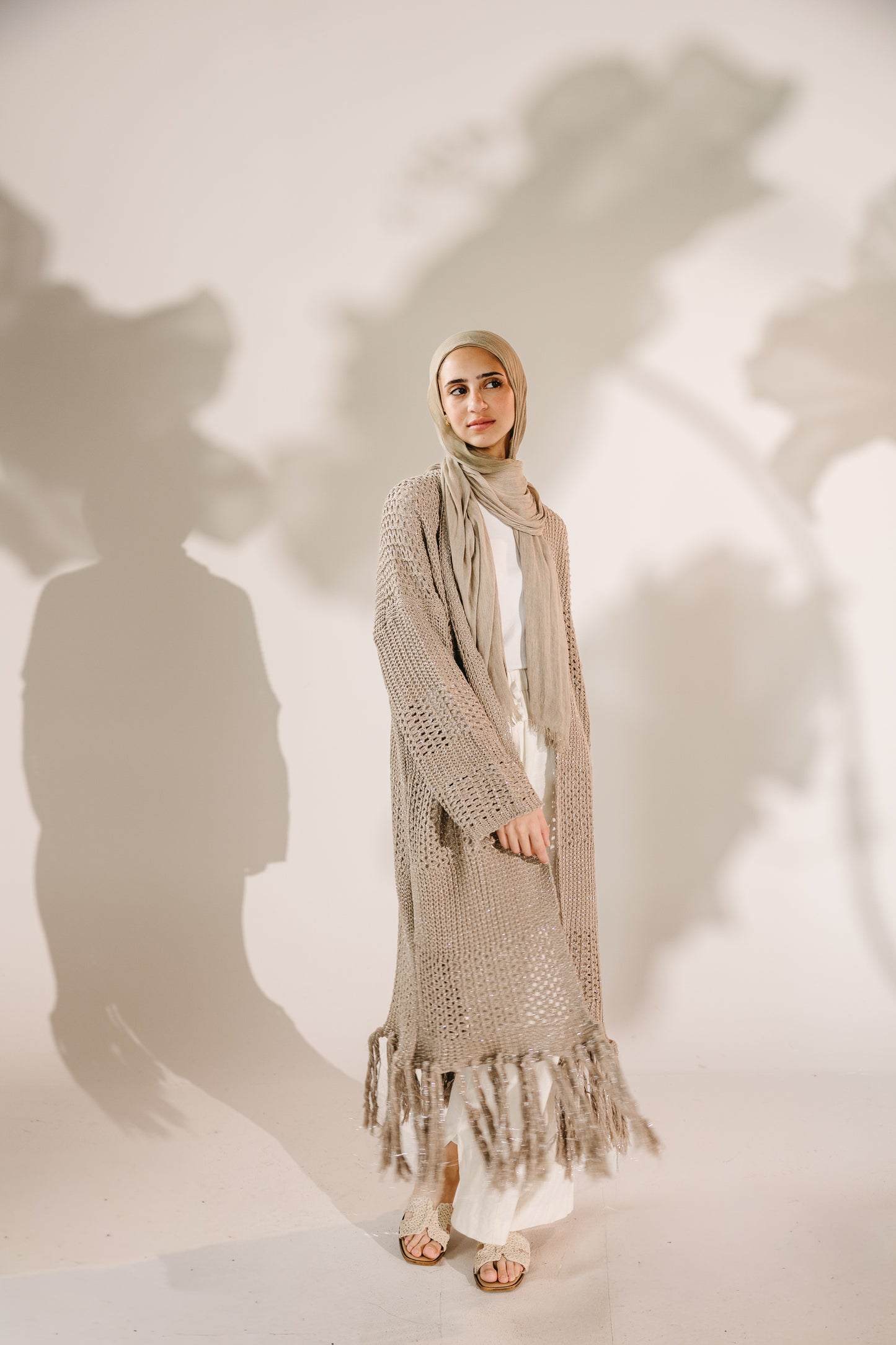 Fringed Breeze Cardigan in Shimmer Beige