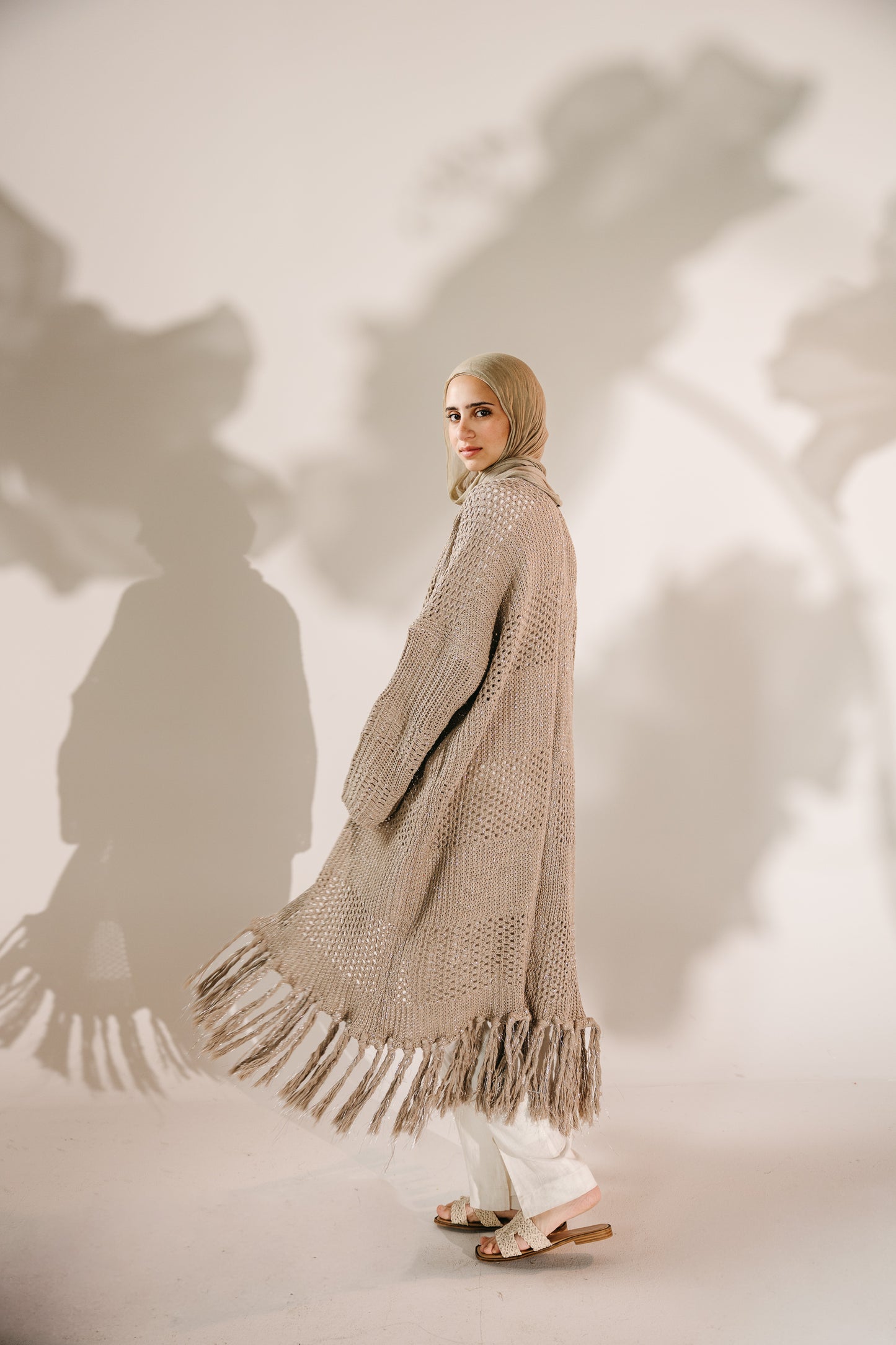 Fringed Breeze Cardigan in Shimmer Beige