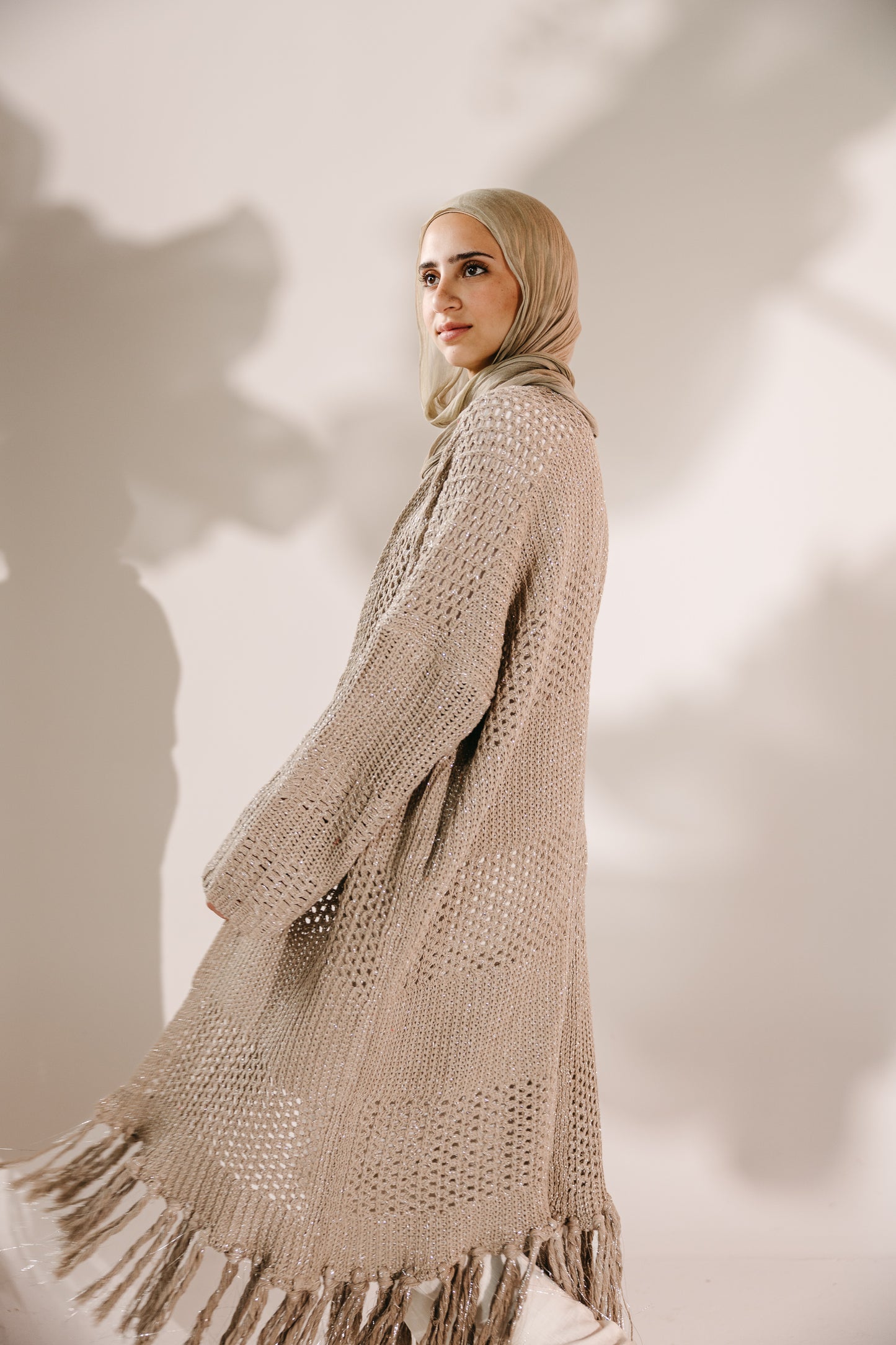 Fringed Breeze Cardigan in Shimmer Beige
