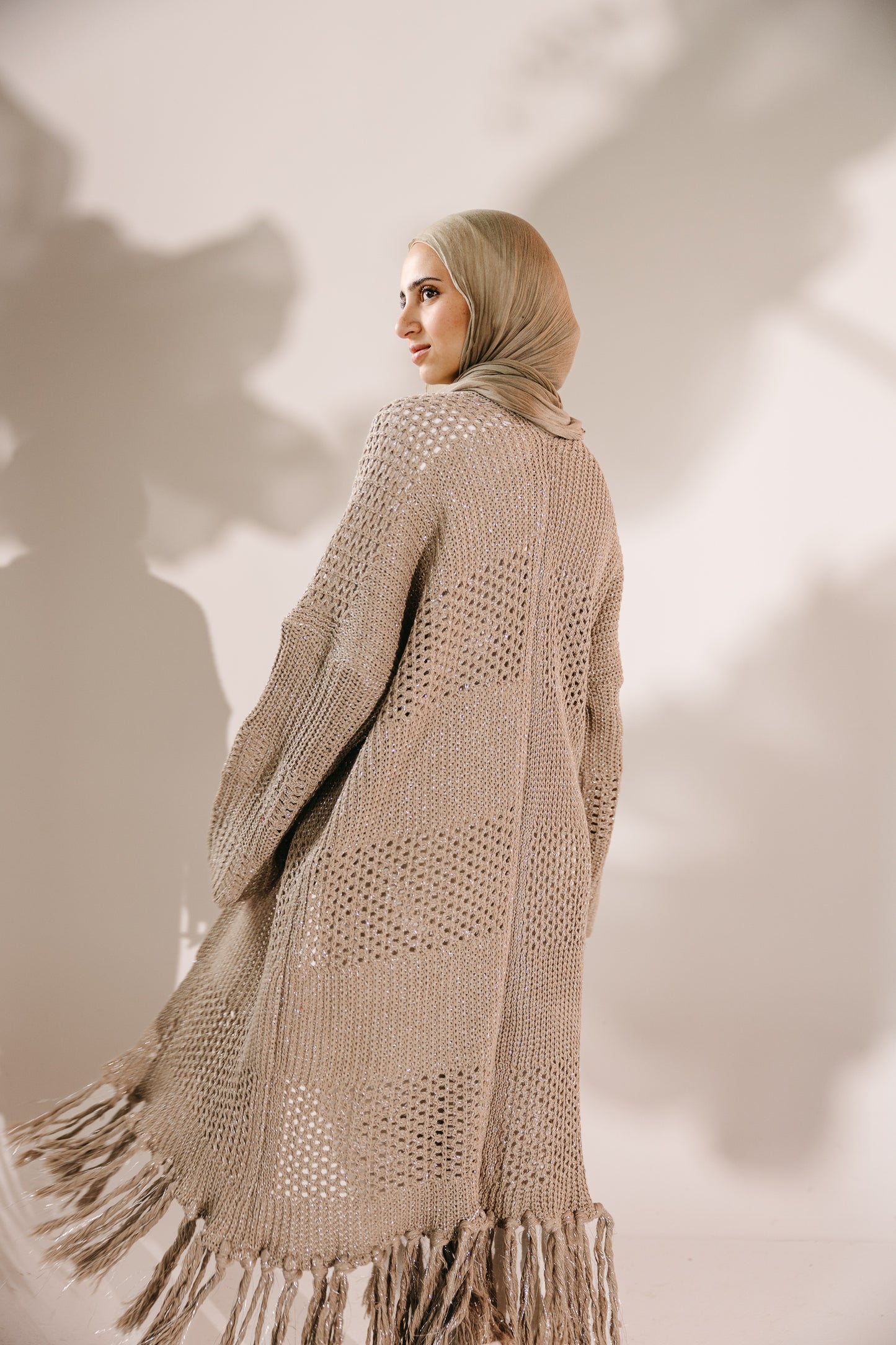 Fringed Breeze Cardigan in Shimmer Beige