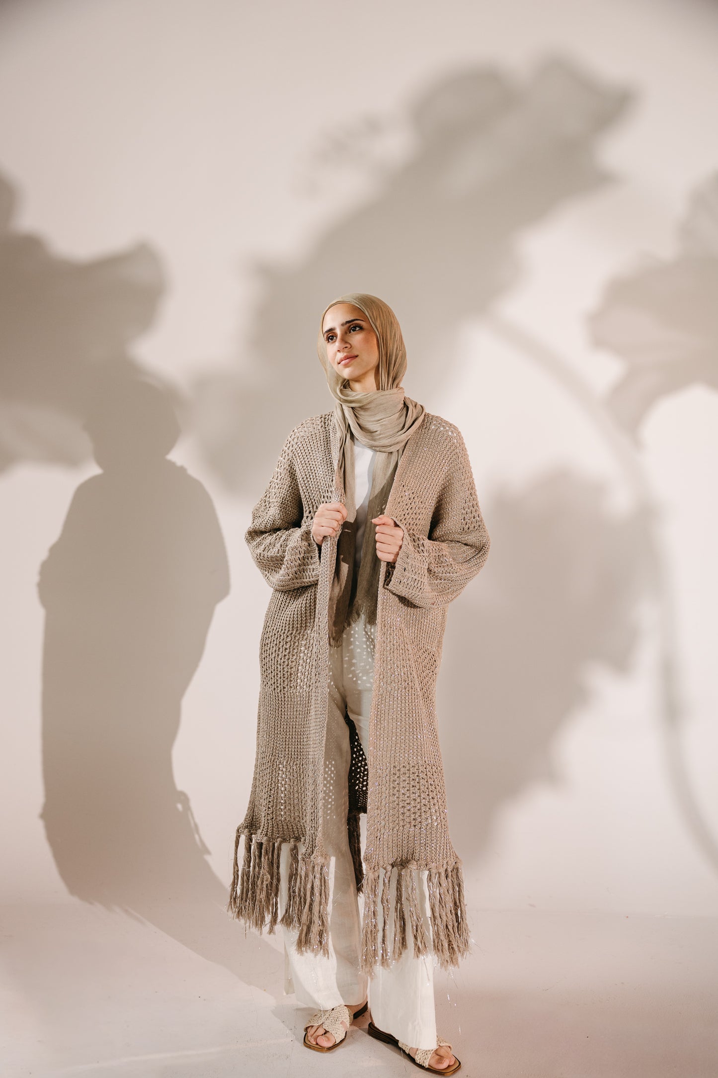 Fringed Breeze Cardigan in Shimmer Beige