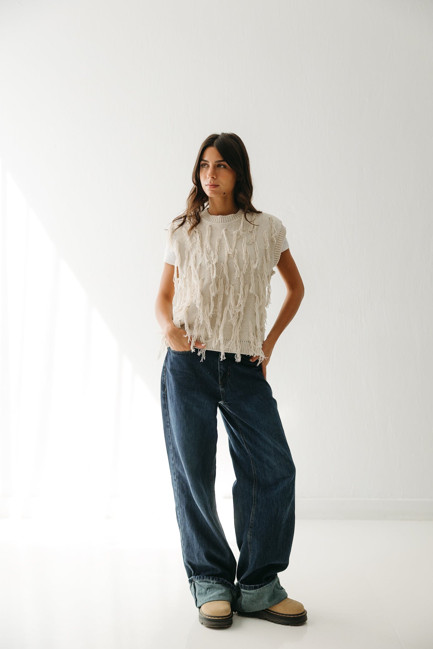 Fringed up Vest in Cream