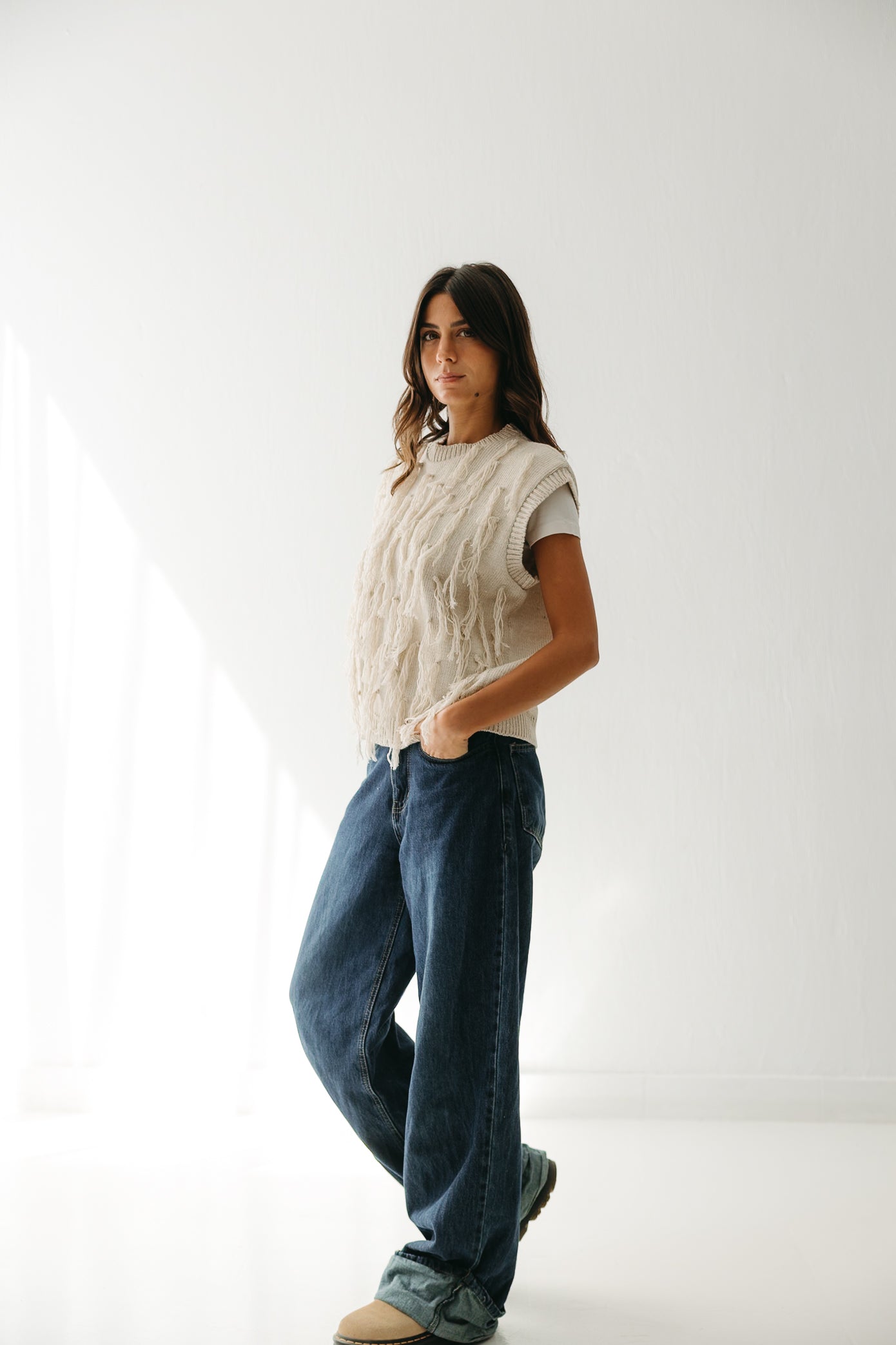 Fringed up Vest in Cream