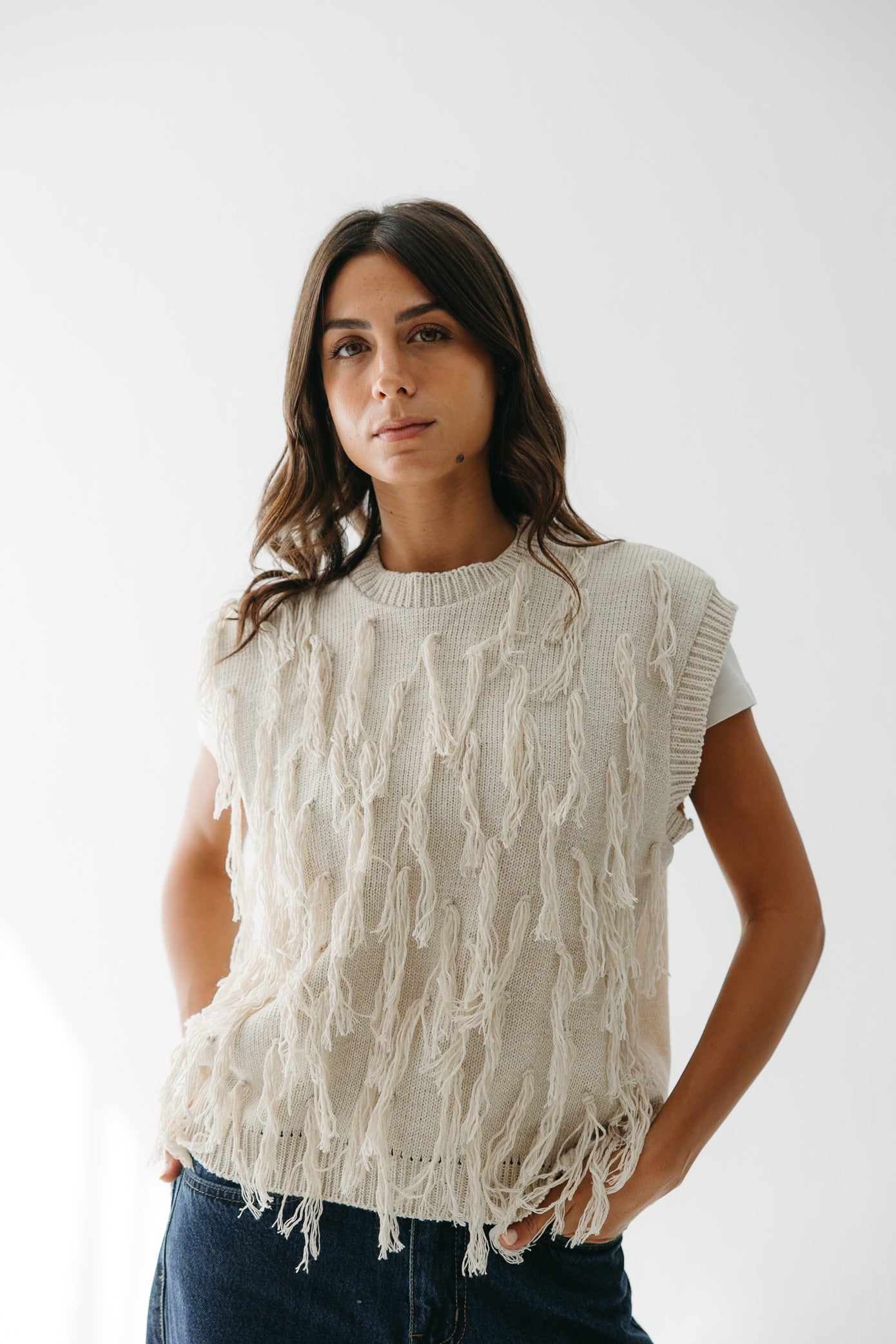 Fringed up Vest in Cream