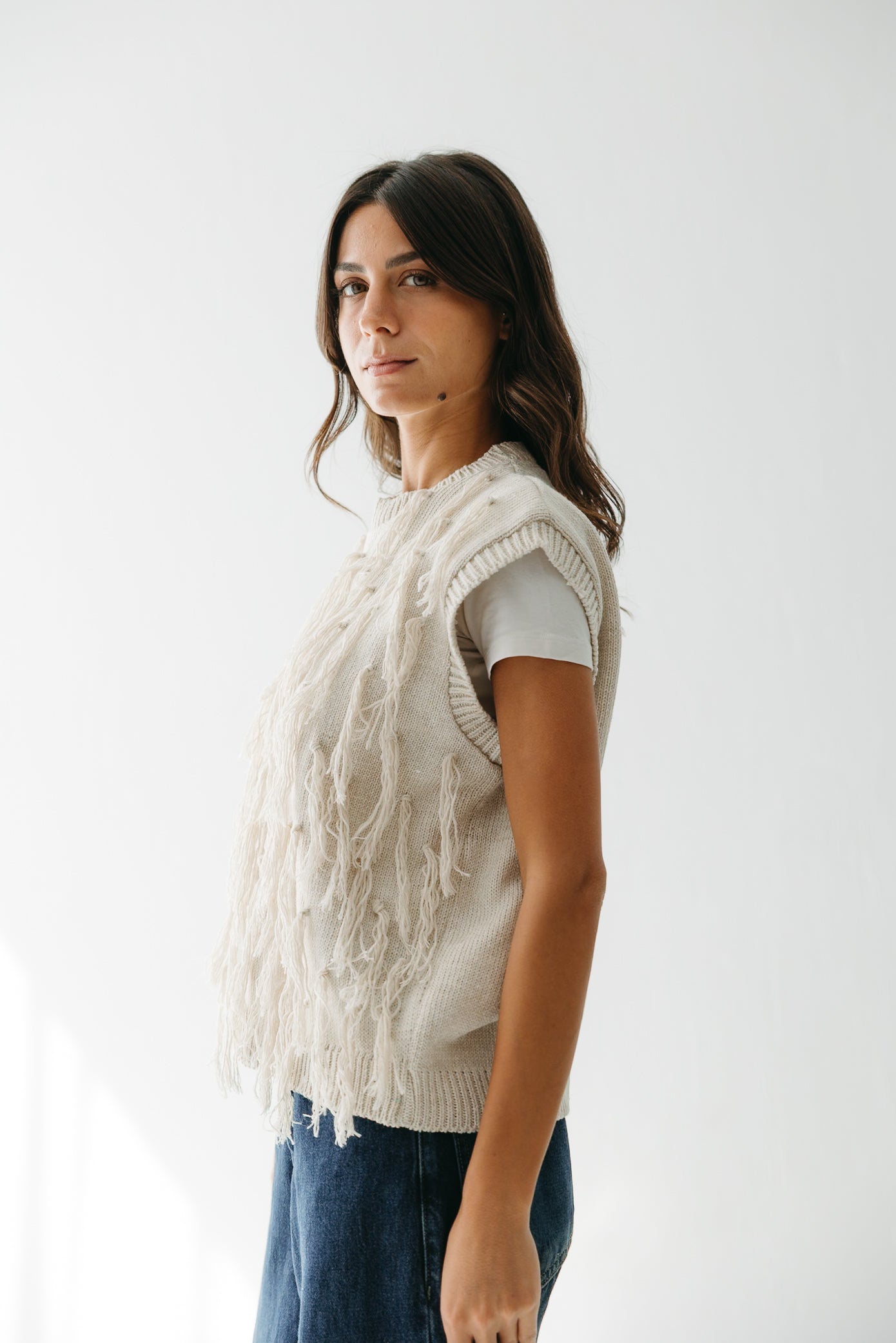 Fringed up Vest in Cream