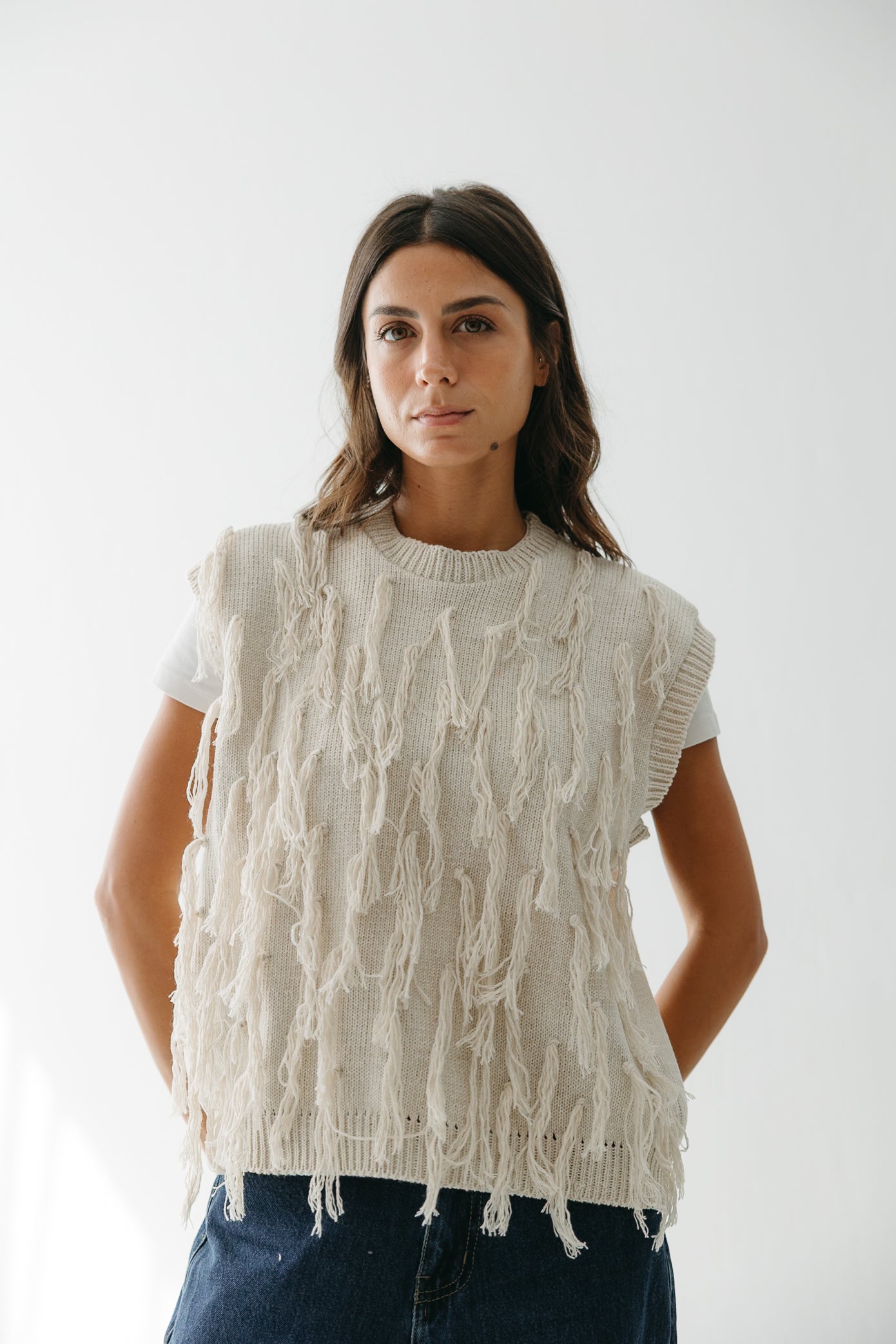 Fringed up Vest in Cream
