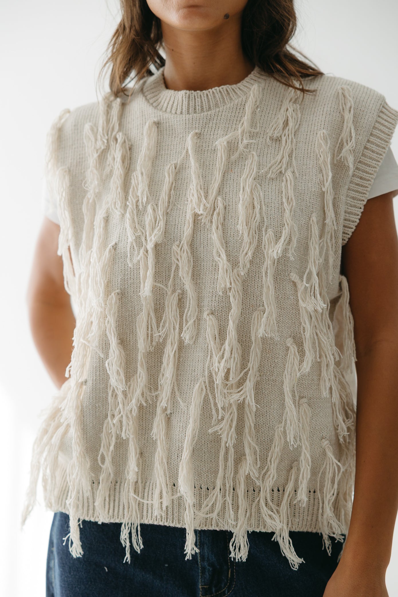 Fringed up Vest in Cream