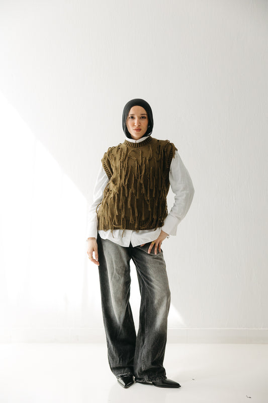 Fringed up Vest in Olive